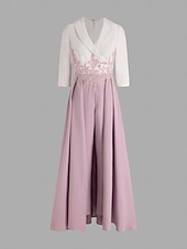 abordables Monos de mamá-Mono de dos piezas  Pantalón madre de la novia invitada formal elegante fiesta V cuello longitud al tobillo crepé encaje manga 3/4 con aplicaciones color bloque talla personalizada gratuita