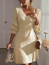 billige midi sort kjole-Dame Arbeidskjole Svart kjole Mote Arbeidsmote Midikjole Design V-hals Langermet عادي Normal Svart Rosa Beige Høst Vinter S M L XL 2XL
