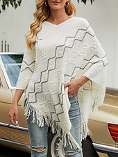 billiga Rycker på axlarna &amp; uddar-Dam Kåpa Mode Dagligen Geometrisk V-hals Pärlor Tofs Ärmlös Vanliga toppar Sticka Formell Utomhus Fest Vit Rubinrött Höst Vinter