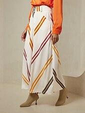 cheap Wide Leg &amp; High Waisted-Satin Multi Color Stripe Wide Leg Casual Daily Pants