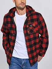 preiswerte Herrenjacken &amp; Herrenmäntel-Herren Hemdjacke Kapuzenjacke Shacket Flanell-Fleecejacke Täglich Urlaub warm Mit Kapuze Herbst Winter Schottenstoff Kariert Modisch Strassenmode Kargen Standard Schwarz Dunkelrot Hellgrün Rote Blau