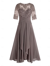 voordelige Vloerlengte-A-Lijn Moeder van de Bruid Jurk Bruidsgast Elegant Plus Size Hoog Laag V-Hals Asymmetrisch Enkel Lengte Chiffon Kant Halve Mouw met Beading Applicaties gratis maatwerk