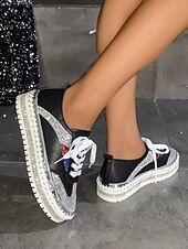 cheap Women&#039;s Sneakers-Women&#039;s Glitter-Accented Black Lace-Up Sneakers – Rhinestone Embellished, Colorful Casual Athletic Shoes for Fashionable Everyday Wear