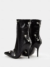 abordables Botas de moda-Botas de moto con tacón de aguja de piel sintética negra para mujer con hebillas y detalles de cremallera: tacones de media pantorrilla con punta puntiaguda sexys para fiestas y salidas nocturnas