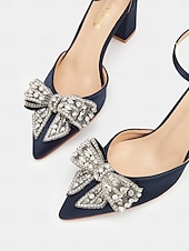 preiswerte Halbformell-Damen Pumps aus Satin mit Blockabsatz und Strass-Schleife – elegante formelle Pumps für Hochzeiten und besondere Anlässe