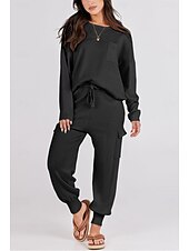 preiswerte Trainingsanzüge für Damen-Damen Trainingsanzug Pullover Chinesisch Chino Hosenpullover Set Langarm Feste Farbe Schwarz Beige Frühling Lockere Passform