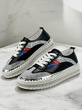 cheap Women&#039;s Sneakers-Women&#039;s Glitter-Accented Black Lace-Up Sneakers – Rhinestone Embellished, Colorful Casual Athletic Shoes for Fashionable Everyday Wear