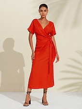 Robe midi portefeuille froncée en lin tencel pour femme orange rouge col en V abordables Robes décontractées-Robe midi portefeuille froncée en lin tencel pour femme orange rouge col en V