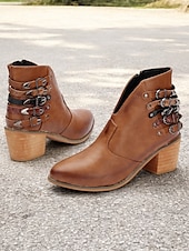 levne Cowboy &amp; Western Boots-dámské hnědé kotníkové boty s vícepřezkovým detailem, blokovým podpatkem a westernovým stylem - ideální pro běžné výlety a každodenní nošení