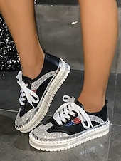 cheap Women&#039;s Sneakers-Women&#039;s Glitter-Accented Black Lace-Up Sneakers – Rhinestone Embellished, Colorful Casual Athletic Shoes for Fashionable Everyday Wear