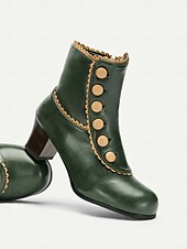 cheap 1930s-Victorian Vintage Green Leather Ankle Boots for Women – Retro Button Design with Scalloped Trim, Perfect for Fall Fashion