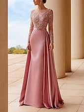 economico Lunghezza del pavimento-Abito a linea A per la madre della sposa elegante scollo a barca strascico della scia/brush lunghezza in satin elasticizzato maniche lunghe con s sash/ribbon e arricciature