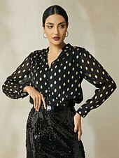 baratos Blusas e Camisas-blusa de chiffon com gola e manga julieta e bolinhas