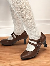 billige 1950-talls retro-Kvinne Vintage Gatsby Brune Mary Jane Hæler med Brogue Detaljer Komfortable Mid Hæl Sko Retro-Inspirerte Antrekk