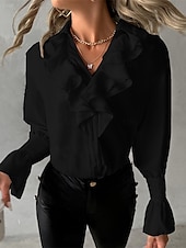 billige Dressy topper-Dame Skjorte Bluse Helfarge Elegant Forretning Fritid Langermet V-hals Vanlige topper Arbeid Daglig Drapering Svart Hvit Grønn Kakifarget Høst Vinter