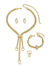 abordables Día de San Valentín-Conjunto de joyas de diamantes de imitación dorados para mujer: elegante collar, pulsera, aretes y anillo con diseño de cadena trenzada, perfecto para bodas y eventos formales.