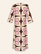 economico abito casual stampato-Per donna Largo Abito Stampato Abito Largo Abito maxi Rosa Manica 3/4 Geometrico Stampa Primavera &amp; Autunno Autunno colletto dentellato Bohemien Vintage Casual Quotidiano Vacanza Casa S M L