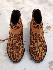 abordables Botines-Botines con estampado de leopardo para mujer con correa de hebilla, estilo occidental informal, tacón bajo cómodo para uso diario