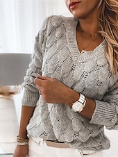 preiswerte Grafische Muster und Details-Damen Pullover Elegant Modisch Täglich Blumen V Ausschnitt Ausgehöhlt Langarm Normale Oberteile Stricken Arbeit Rosa Rote Herbst Winter