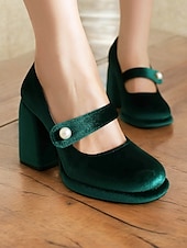 cheap 1950s-Women&#039;s Green Velvet Mary Jane Block Heels with Pearl Accent – Retro Platform Pumps for Party and Formal Events