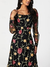 preiswerte abendkleider-Damen schwarzes kleid Maxidress Rüsche Bestickt Elegant Quadratischer Ausschnitt Langarm Schwarz Farbe