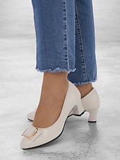 cheap Block Heels-Women&#039;s Beige Low Block Heel Pumps with Gold Buckle and Flexible Sole – Comfortable Slip-On Shoes for Office and Formal Wear