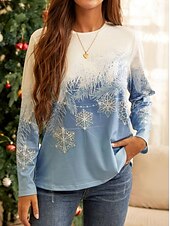 abordables Camiseta floral-Sudadera de mujer con estampado de copos de nieve de invierno, manga larga, cuello redondo, azul degradado, informal, cómoda, ajuste regular, temporada festiva, top acogedor