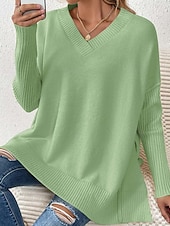 abordables Couleurs unies-Femme Pull Chandail Elégant Mode du quotidien Couleur unie Col V Tricoté manche longue Hauts longs Tricoter Travail Noir Jaune Automne Hiver