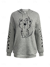 preiswerte Texturierte Kapuzenpullover &amp; Sweatshirts-Damen-Kapuzenpullover mit Katzen-Print, Street-Look, Alltagskleidung, lässiger Kapuzenpullover, langärmelig, mikroelastisch, Herbst/Winter, bequem, atmungsaktiv, weicher Stoff