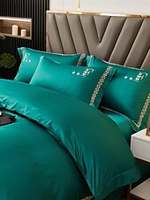 baratos Coleção de elite-Conjunto de cama com capa de edredom de 4 peças, 100% algodão orgânico, tecido macio e respirável, inclui capa de edredom e fronhas para um sono confortável