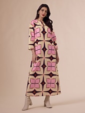 economico abito casual stampato-Per donna Largo Abito Stampato Abito Largo Abito maxi Rosa Manica 3/4 Geometrico Stampa Primavera &amp; Autunno Autunno colletto dentellato Bohemien Vintage Casual Quotidiano Vacanza Casa S M L