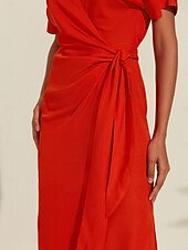 Robe midi portefeuille froncée en lin tencel pour femme orange rouge col en V abordables Robes décontractées-Robe midi portefeuille froncée en lin tencel pour femme orange rouge col en V