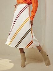 abordables jupe femme-jupe midi décontractée à rayures multicolores en satin