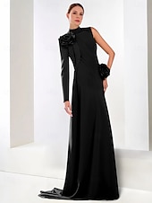 abordables NOIR-robe de soirée trapèze à cravate noire robe élégante formelle longueur au sol manches longues col haut crêpe extensible avec fleur à l&#039;épaule 2025