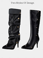 olcso Slouch Boots-sokoldalú női fekete műbőr magassarkú kabrió csizma gombos részlettel – 2 az 1-ben enyhe vagy elegáns térdig érő dizájn hétköznapi és formális alkalmakra