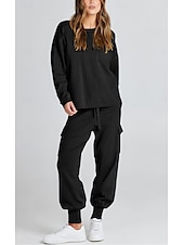 preiswerte Trainingsanzüge für Damen-Damen Trainingsanzug Pullover Chinesisch Chino Hosenpullover Set Langarm Feste Farbe Schwarz Beige Frühling Lockere Passform