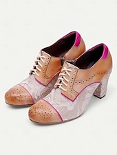 economico Anni &amp;#39;20-Scarpe Oxford con tacco a heeled lace-up floreali vintage Gatsby - design brogue in pelle con accenti rosa per stili retro e chic