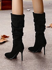 olcso Slouch Boots-női barna, velúr sima, térdig érő csizma tűsarkúval és hegyes orrral, stílusos őszi és téli lábbeli hétköznapi és estélyi viselethez