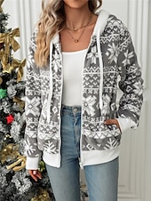 baratos jaquetas sherpa-jaqueta de lã feminina com forro de sherpa e capuz com zíper completo, estampa de floco de neve de inverno, cinza e branco, aconchegante, quente, casual, vários tamanhos