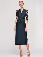 levne Délka čaje-Šaty těsného střihu matky nevěsty elegantní šaty tuxedo V výstřih podlahové délky poloviční rukáv s krajkami jednobarevné volné velikosti na míru