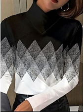 economico T-shirt a righe e geometrico-T-shirt tunica donne geometrica elegante maniche lunghe maniche a bolla asimmetrica quotidiana nero bianco rosa rosa polverosa autunno inverno