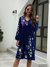 abordables Robes fleuries décontractées-robe décontractée pour femme robe midi brodée avec manche saint valentin travail rendez-vous élégant basique col en V manches longues manche évêque couleur bleue