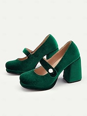 cheap 1950s-Women&#039;s Green Velvet Mary Jane Block Heels with Pearl Accent – Retro Platform Pumps for Party and Formal Events