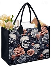 abordables Cabas et fourre-tout-sac fourre-tout imprimé tête de mort et rose – grand sac à main gothique pour femme, design floral vintage, parfait pour Halloween ou pour un usage quotidien