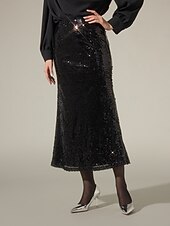 abordables jupe femme-Femme Midi Noir Jupes Printemps, Août, Hiver, Eté Paillettes Doublé Taille médiale Elégant Rétro Vintage Soirée Formel Mariage Soirée XS S M