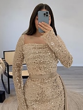 preiswerte Sekt-Schlauch Pailletten Abendkleid Elegantes Kleid Formelles Bodenlang Langarm Quadratischer Ausschnitt Champagner Mutter der Braut Kleid Maskeradenkleid 2025