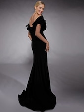 abordables Robes de soirée fourreau-Robe de soirée A-Line cravate noire élégante robe formelle longueur de sol invitée de mariage automne manches courtes décolleté en V poche crêpe extensible avec fente robe de bal masqué