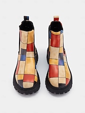 preiswerte Chelsea -Stiefel-mehrfarbige Chelsea-Stiefel im Patchwork-Stil für Damen – moderne dicke Sohle mit elastischen Seiteneinsätzen für Retro- und Casual-Styling