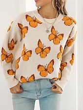 preiswerte Grafische Muster und Details-Damen Pullover Modisch Kuschelig Strassenmode Graphic Bedruckt Rundhalsausschnitt Strick Langarm Normale Oberteile Stricken Arbeit Wochenende Blau Orange Herbst Winter