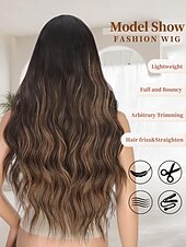 economico Parrucche trendy sintetiche-parrucche lunghe per donne parrucche sintetiche lunghe ricce ondulate con attaccatura dei capelli in pizzo parrucca in fibra resistente al calore per uso quotidiano alle feste